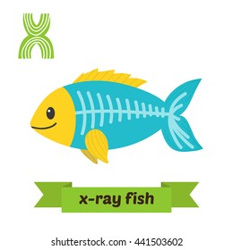 X-ray fish. X letter. Cute children animal alphabet in vector. Funny cartoon animals. Vector illustration