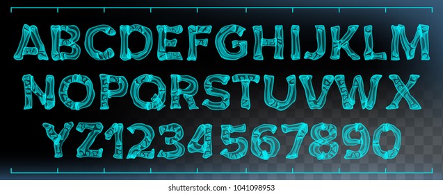 X-ray Font Vector. Transparent Roentgen Decorative Alphabet. Radiology Neon Scan Effect. Blue Bone. Futuristic Medical Light Typography. Capitals Letters And Numbers. Isolated Typeset Illustration