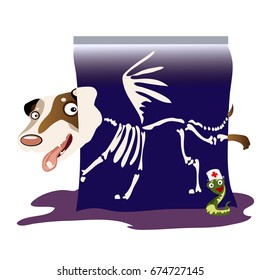 X-ray funny dog isolated on a white background. Funny dog hid behind the picture. Vector cartoon close-up illustration.
