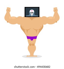 X-ray head bodybuilder. large muscles and small brain. Structure of  pitching. Athlete scheme. Humorous illustration. Anatomy sportsman
