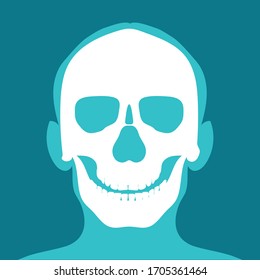 Xray of head and neck isolated on blue backdround. the joints and bones, human joints, skeletal spinal bone structure of Human Spine, medical health care flat vector illustration.