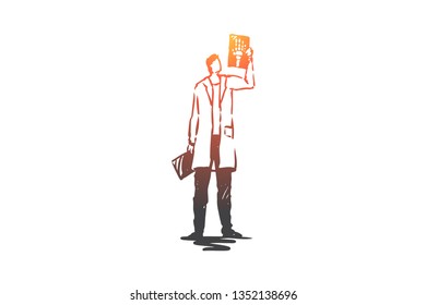 X-ray, health, doctor, medicine, care concept. Hand drawn doctor with x-ray concept sketch. Isolated vector illustration.