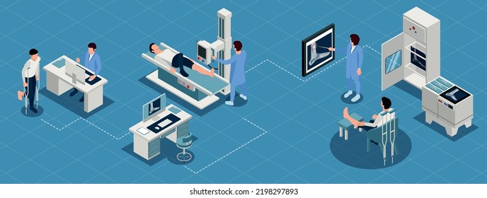 Juego de infografía isométrica de rayos X con símbolos de tecnología de asistencia sanitaria ilustración vectorial