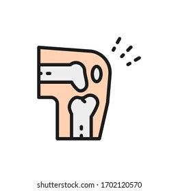 X-ray of knee, joint pain flat color line icon.