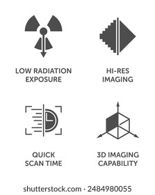 X-Ray machine features icons set - Hi-res imaging, Low radiation exposure, 3D imaging capability, Quick scan time. Pictograms for labeling, monochrome style