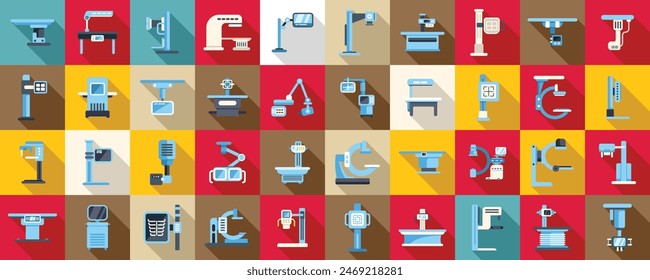 X-ray machine icons set vector. A collection of medical equipment and devices, including a CT scanner, MRI machine, and X-ray machine