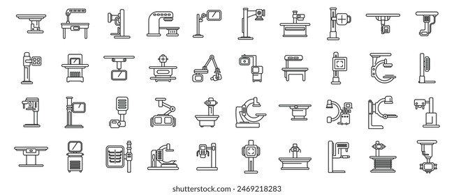 Los iconos de la máquina de rayos X establecen el Vector. Una colección de iconos de equipos médicos. Algunos de los iconos incluyen un estetoscopio, un manguito de presión arterial, un termómetro y una jeringa