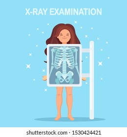 X-ray machine for scanning human body. Roentgen of chest bone. Medical examination for surgery. Vector flat design 