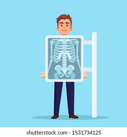X-ray machine for scanning human body. Roentgen of chest bone. Medical examination for surgery. Vector flat design 