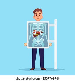 X-ray machine for scanning human body. Roentgen of chest bone. Ultrasound of the liver. Medical examination for surgery. Vector flat design 