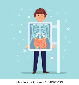 X-ray machine for scanning human body. Roentgen of chest bone. Ultrasound of intestines, guts. Medical examination digestive tract, colon, bowel for surgery. Vector flat design 