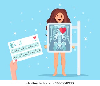 X-ray machine for scanning human body and cardiogram in hand. Roentgen of chest bone. Ultrasound of organs. Diagnosis cardiovascular disease. Chart of heart beat rhythm. Ecg document. Vector design 