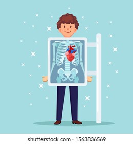 X-ray machine for scanning human body. Roentgen of chest bone. Heart diagnosis. Medical examination of cardiac disease for surgery. Ultrasound of organs. Vector flat design