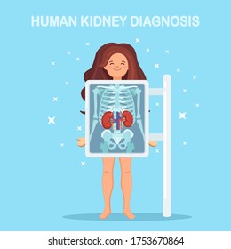 X-ray machine for scanning human body. Roentgen of chest bone. Kidneys diagnosis. Medical examination for surgery. Ultrasound of organs. Vector flat design