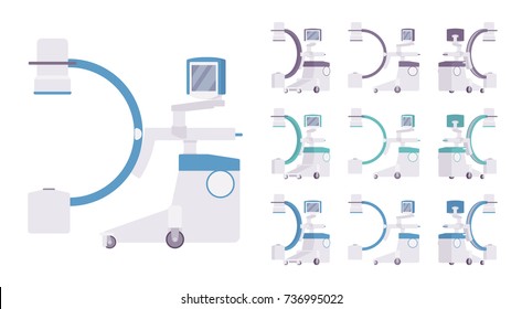 X-Ray machine set. Radiologic technologist clinic tool, medical imaging equipment, hospial device. Vector flat style cartoon illustration on white background