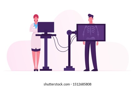 X-ray Medical Diagnostics Bones Skeleton Checkup. Radiology Body Scanner Equipment for Patient Disease, Doctor Research Injury and Trauma on Scan Image for Diagnosis. Cartoon Flat Vector Illustration