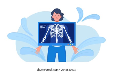 X-ray Medical Diagnostics Bones, Skeleton Checkup. Roentgen of Chest Bone. Radiology Body Scanner, Equipment Scanning Human Body for Patient Disease. Fluorography Exam. Injury and Trauma Diagnosis