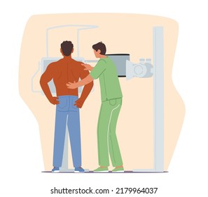 X-ray Medical Diagnostics, Pulmonology Radiology Body Scanner Equipment For Patient Disease Checkup. Patient Character Making Chest Scan Image For Lungs Diagnostics. Cartoon People Vector Illustration