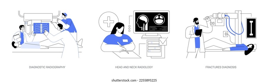 Xray medical examination abstract concept vector illustration set. Diagnostic radiography, head and neck radiology, fractures diagnosis, patient with broken bone in hospital abstract metaphor.