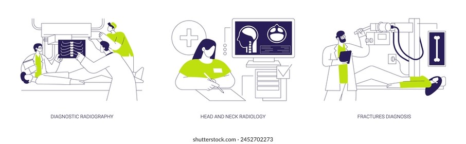 Xray medical examination abstract concept vector illustration set. Diagnostic radiography, head and neck radiology, fractures diagnosis, patient with broken bone in hospital abstract metaphor.