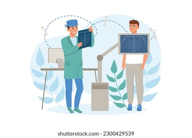 X-ray medicine concept with people scene in the flat cartoon design. The doctor shows the patient an x-ray of his lungs. Vector illustration.