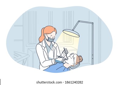 X-ray in medicine and dentistry concept. Woman doctor dentist in medical uniform standing and making x-ray shot of woman patients teeth during visit in clinic vector illustration 