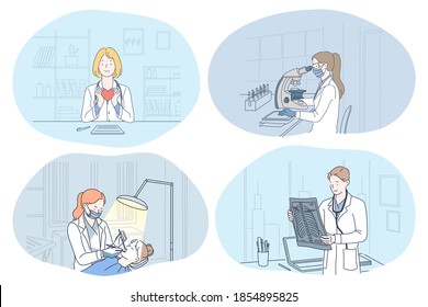 X-ray in medicine, dentistry, laboratory, surgery concept. People doctors holding x-ray image of spine, making shot of teeth, working in lab and holding heart as symbol of health in medical clinic 