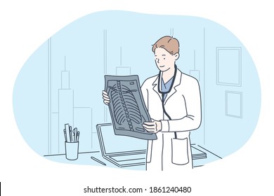 X-ray in medicine and surgery concept. Man doctor therapist in medical uniform standing, holding and looking at x-ray shot of injured patients spine in hospital clinic office vector illustration 