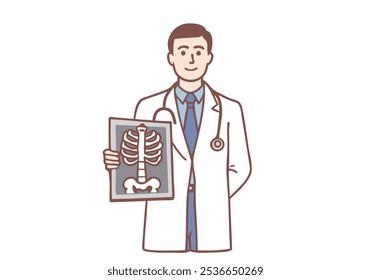 X-ray in medicine and surgery concept. Man doctor therapist in medical uniform standing, holding and looking at x-ray. Hand drawn style vector design illustrations.