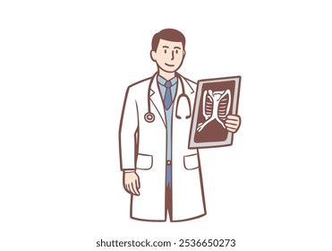 X-ray in medicine and surgery concept. Man doctor therapist in medical uniform standing, holding and looking at x-ray. Hand drawn style vector design illustrations.