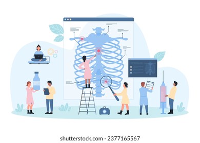 X-ray in medicine and surgery, consultation of orthopedist vector illustration. Cartoon tiny doctors check chest xray image with magnifying glass, diagnostics of orthopedic diseases in hospital