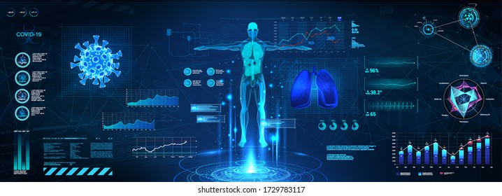 X-ray and MRT human body, examination of the body and lungs on Covid-19 in HUD style. 3D body, bacteria and lungs with FUI, GUI and Sci interface. Healthcare technology. Blue vector illustration 