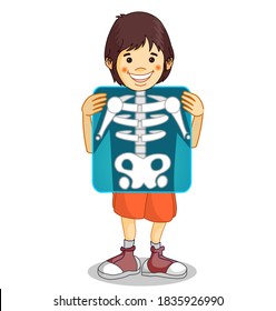 X-ray, Roentgen. Röntgen Film. Xray Shows The Breast, Ribs, Spine, And Pelvis Bones. Cartoon Body X Ray Of Child Boy Character. Medical Educational Drawing.  Biology, Radiology Illustration Vector