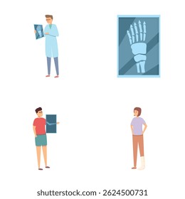 Xray screening icons set cartoon vector. Doctor examine xray image of human body. Fluorography, tomography