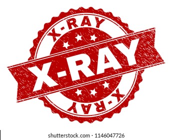 X-RAY seal stamp with distress texture. Rubber seal imitation has round medallion shape and contains ribbon. Red vector rubber print of X-RAY title with scratched texture.