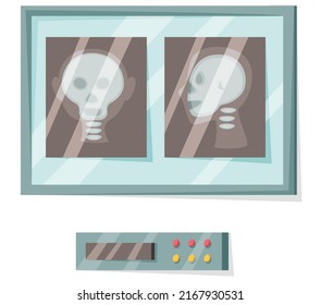X-ray shot of skull, human body, head and neck bones side view, radiography, vector illustration. Treatment of human pathologies. Magnetic Resonance Imaging Technology. Tomography, radiology, xray