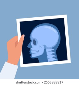 X-ray shot of skull, human body, head and neck bones side view, radiography. Roentgen shot in doctors hand. Vector illustration