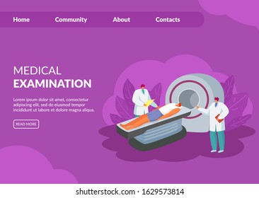 x-ray tomograph magnetic-resonance tomography medical examination vector illustration website. People doctors and patient scanning. Internet page, banner landing. Healthcare, diagnostic treatment.