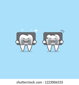 X-ray with Tooth characters compare good & bad condition illustration vector on blue background. Dental concept.