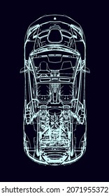 X-Ray Top View of a Modern Sports Car. Outline style. Engineering Background. Vector Illustration.