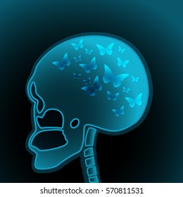 X-ray Vector illustration X-ray of a human skull with butterflies in the head Realistic style