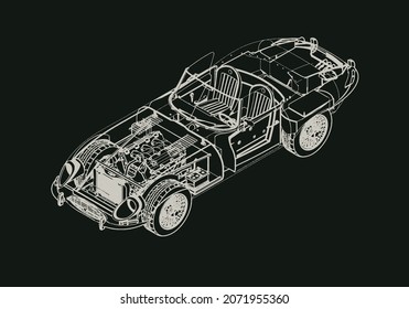 X-Ray View of a Vintage Sports Car. Outline style. Engineering Background. Vector Illustration.