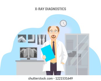 X-rays, computer and cabinet. Caucasian male doctor