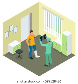 X-rays of leg fracture patients concept. Medical doctor is talking to patient with broken leg and showing him X-ray picture in hospital room. Isometric vector illustration.