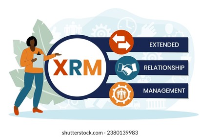 XRM - eXtended Relationship Management Akronym. Hintergrund des Unternehmenskonzepts. Vektorgrafik-Konzept mit Schlagwörtern und Symbolen. Buchstabengrafik mit Symbolen für Webbanner, Flyer