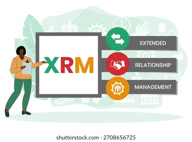 XRM - acrónimo de eXtended Relationship Management. fondo de concepto de negocio. concepto de Ilustración vectorial con Palabras claves e íconos. ilustración de letras con íconos para Anuncio de Web, volante