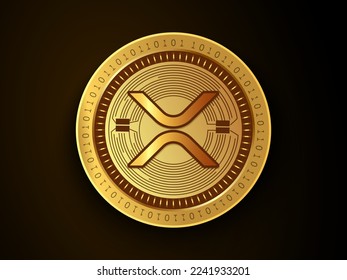 Xrp (XRP) crypto currency symbol and logo on gold coin. Virtual money concept token based on blockchain technology. 