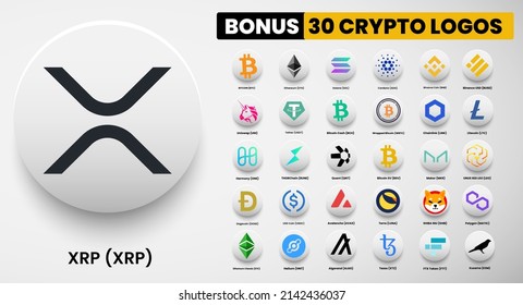 Xrp XRP crypto logo symbols of cryptocurrency. Set of Bitcoin, Ethereum, Solana, Binance Coin, Binance USD, litecoin,avalanche, chainlink, maker, dogecoin, USD Coin, Shiba Inu, Polygon, and Helium