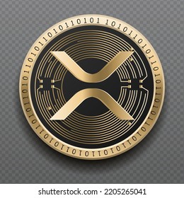 Xrp (XRP) cryptocurrency golden coin isolated in transparent background. Virtual currency token symbol vector illustration based on cryptography and block chain technology.