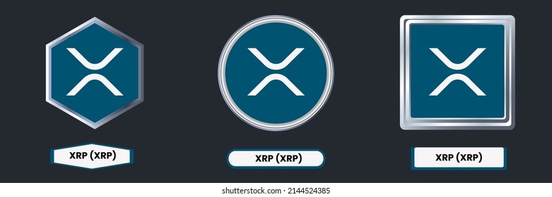 Xrp XRP cryptocurrency vector logo illustration set. Blockchain based opensource crypto currency coins isolated on hexagon, round square, badges. Digital technology silver 3D icons in black background